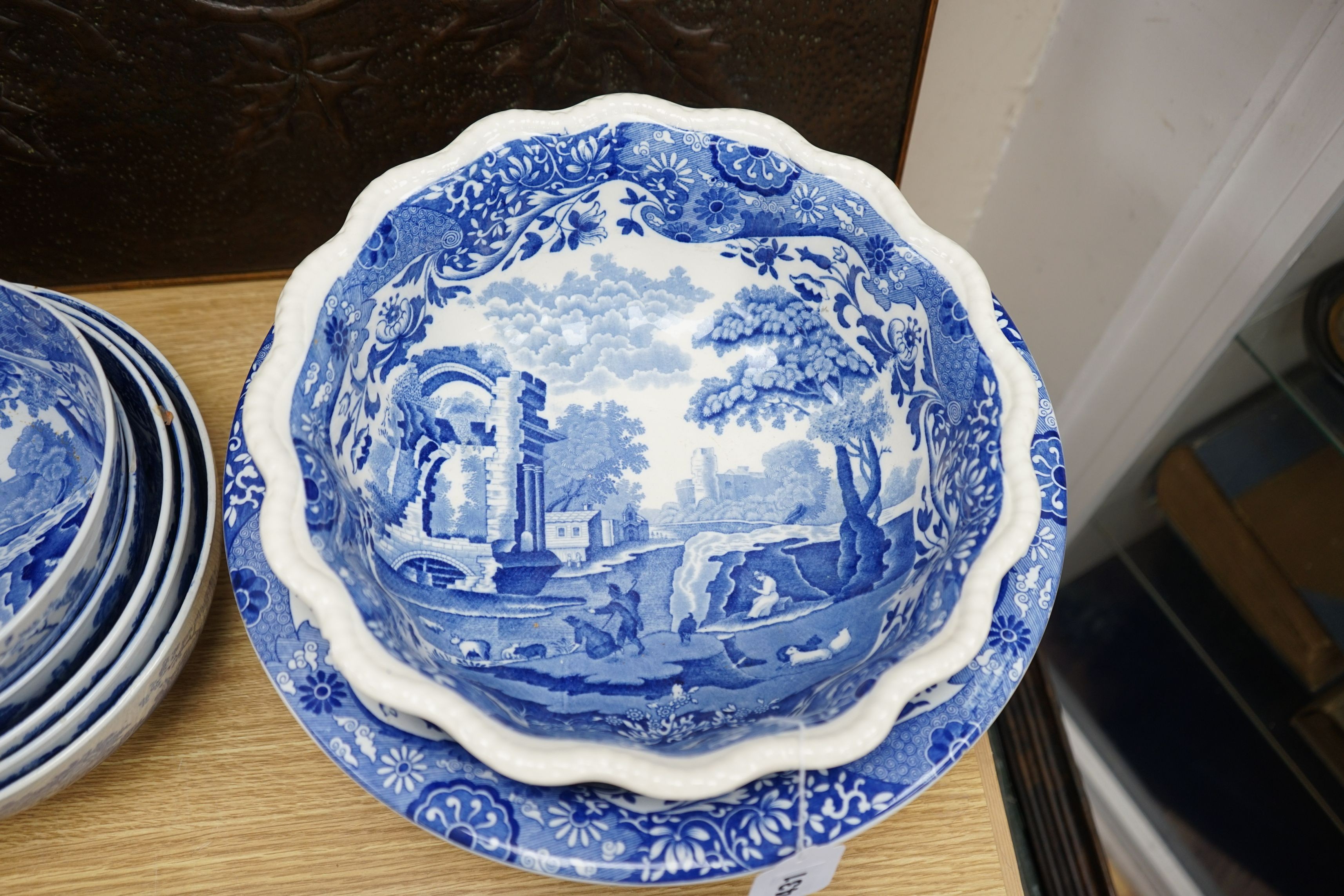 Seven Spode Italian bowls, a tureen and cover, a platter and a jug